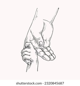 Parent and Child Holding Hand, Hand Drawn Illustration, Isolated Vector