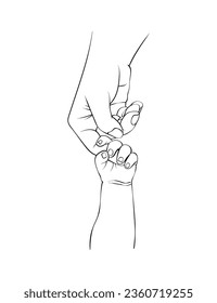 Parent and Child Holding Hand, Hand Drawn Illustration, Monochrome Isolated Vector