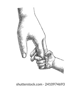 Parent and Child Holding Hand, Hand Drawn Illustration, Monochrome Isolated Vector