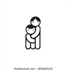 Parent and child is hugging each other. Mom and kid. A black and white isolated icon vector illustration.