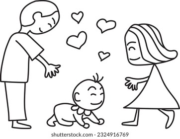 parent child hugging, family love, 
 drawing line art