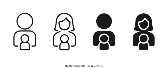 Symbolsatz für Eltern und Kinder, der Familie, Elternschaft und Kinderbetreuung darstellt. Sauberes Vektorsymbol für Mutter- und Vaterprofile, Schutz-, Pflege-, Unterstützungs- und Familienbeziehungskonzepte.