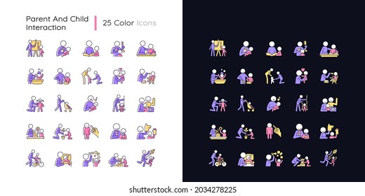 Parent and child interaction light and dark theme RGB color icons set. Building emotional closeness. Isolated vector illustrations on white and black space. Simple filled line drawings pack