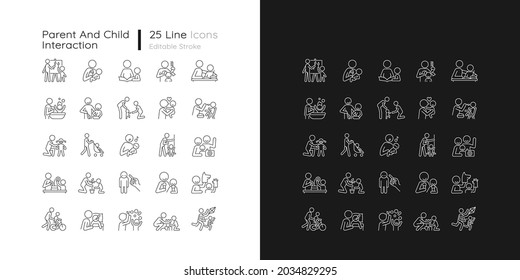 Parent and child interaction linear icons set for dark and light mode. Building emotional closeness. Customizable thin line symbols. Isolated vector outline illustrations. Editable stroke