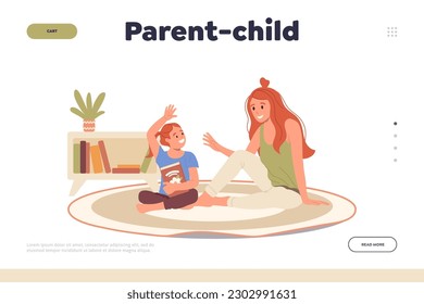 Parent and child landing page template with happy mother and daughter schooling or playing at home