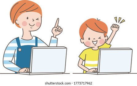 Parent and child learning a computer