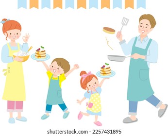 Parent and child making pancakes vector illustration