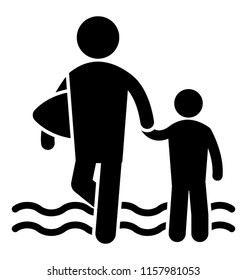 
A parent and a child on beach ayers going for boating holding surfing in hand 
