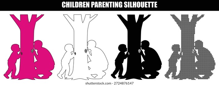 Padre e hijo jugando al escondite detrás de un conjunto de siluetas de árbol