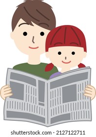 Parent and child reading newspapers together (father and daughter)