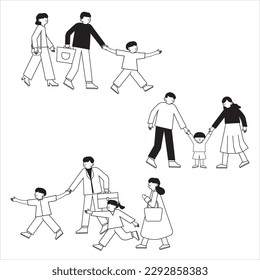 Parent and child relationship, communication concept. Fathers, mothers supporting and take care to kids. Happy family, mother father daughter son holding hands. Cartoon characters vector illustration
