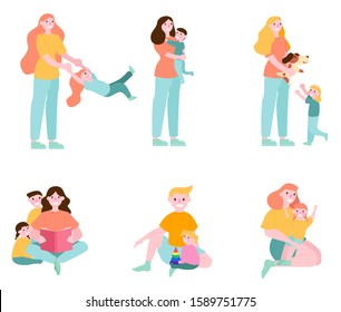 Parent and child set. Happy woman and kid spend time together. Father holding his child. Kid playing and hugging with parent. Set of isolated illustration in cartoon style