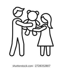 Parent and child sharing a teddy bear in a simple line art style isolated on white background, Vector, illustration