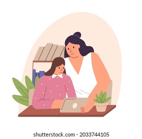 Parent And Child Sitting At Desk With Tablet PC, Studying Online Together. Mother And Kid Watching, Reading And Learning Smth. At Home. Flat Vector Illustration Of Mom And Daughter Isolated On White