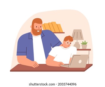 Parent And Child Sitting At Laptop At Home Together, Studying And Doing Homework. Father Helping And Supporting Kid In Learning. Flat Vector Illustration Of Dad And Son Isolated On White Background