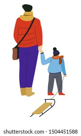 Padres y niños con trineo, trineo de invierno, actividad al aire libre aislados de caracteres vectores. Vacaciones navideñas, familia, niño y madre cogidos de la mano cerca del trance. Jugando fuera, pasatiempo estacional