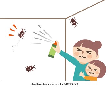 Parent and child spraying insecticide on cockroaches in the room