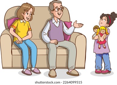 parent and child talking at home cartoon vector