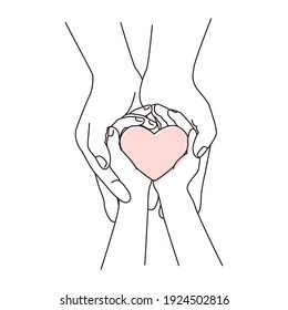 Parent and child vector illustration. Linear illustration of hands - mother and child - holding heart. Love, togetherness, family, parenthood concepts.