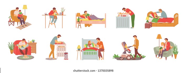 Parent with child vector, man reading book to daughter before sleep, walking kid in perambulator, feeding newborn baby and caring for offsprings set, family concept