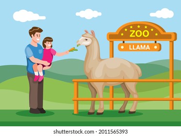 Padre con visita infantil zoológico y feto Llama. educación animal para niños en el vector de ilustración del zoológico