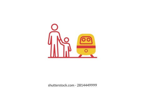 Parent and child walking to a modern train station symbol illustration with transport passenger traveling transportati