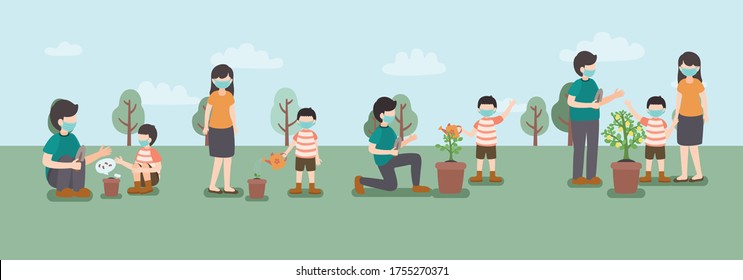 Parent and Child Wear Face Mask and Gardening Plant Lemon Tree Outside of Home to Use Family Time, vector, Illustration