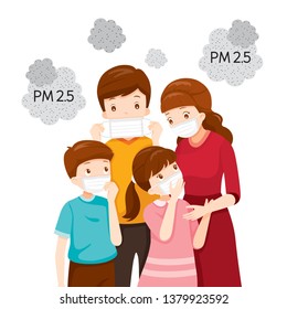 Parent And Child Wearing Air Pollution Mask For Protect Dust PM2.5, PM10, Smoke, Smog, Respiratory, Environment, Health, Breath