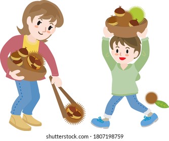 A Parent and child who are doing gathering chestnuts.