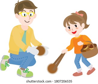 Padre e hijo que recolectan castañas