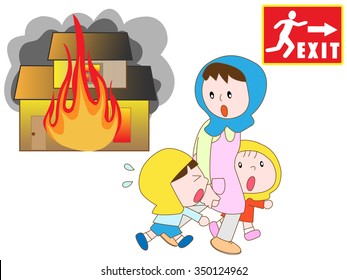 Parent and child who evacuate to the emergency exit by a fire