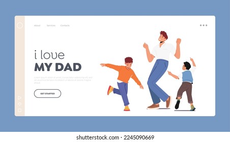 Parent with Children Dance Landing Page Template. Dad and Kids Characters Fun Sparetime, Leisure, Rejoice Together. Happy Family Celebrate Home Party. Cartoon People Vector Illustration