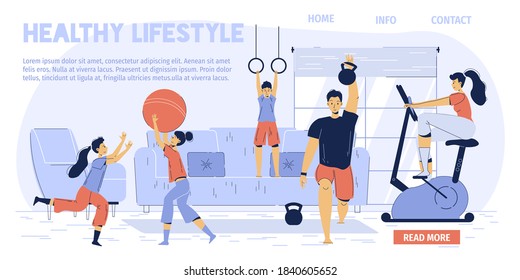 Parent children exercising at home. Father training body using dumbbell, mother doing cardio, kid performing acrobatic workout. Healthy fitness family lifestyle landing page layout design