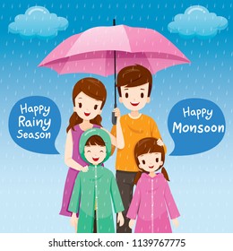 Parent And Children Under Umbrella Together In The Rain, Children Wearing Raincoat, Rainy Day, Monsoon, Season, Family, Relationship, Lifestyle