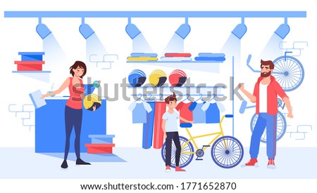 Parent choose bicycle to buy for young son cyclist at bike store. Woman shop assistant offer to order protective helmet. Equipment for sport riding showroom marketplace. Family time. Father day