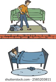 Parent Cleaning the House While Child Sleeps - Daily Life and Responsibility Illustration