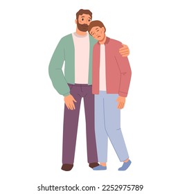 Parent comforting kid, isolated dad hugging upset or depressed teenage boy. Father cuddling and calming down sad and unhappy personage. Vector in flat style