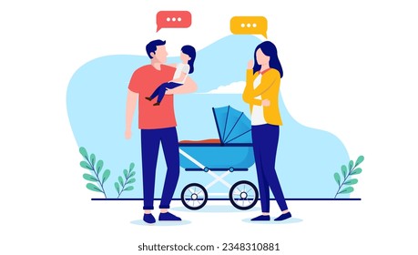 Parent communication - Two parents standing with children and baby stroller talking and having conversation. Flat design vector illustration with white background