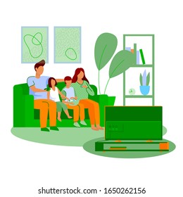 Parent couple, boy and girl watching TV. Parents with two kids, popcorn sitting together on couch, enjoying movie. Vector illustration for home interior, living room, entertainment concept