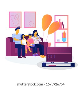 Parent couple, boy and girl watching TV. Parents with two kids, popcorn sitting together on couch, enjoying movie. Vector illustration for home interior, living room, entertainment concept