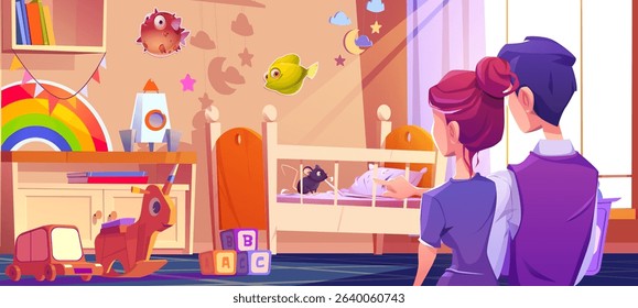 Parent couple watches mouse chewing on bedding in crib. Woman shows finger pointing at tiny creature while man stands beside her. Kid room decorated with rainbow, rocket toy, alphabet blocks.