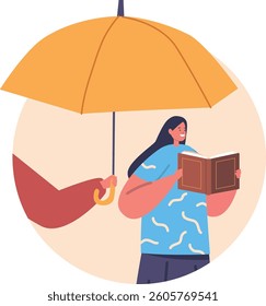 Parent covering daughter with umbrella