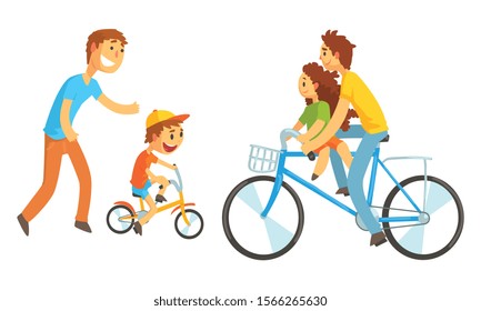 Parent Cycling with His Kid Vector Illustration