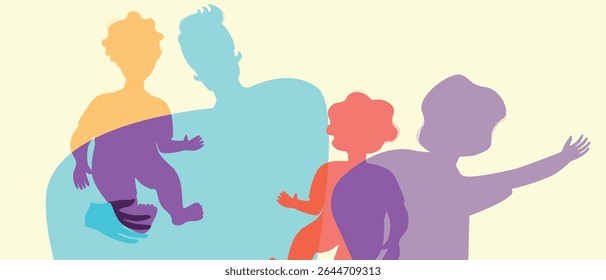 Parent dad and children, color silhouette vector illustration as concept happy authentic Family