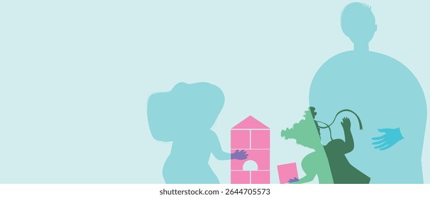Parent dad and children playing, color silhouette vector illustration as concept happy authentic Family copy space template for design