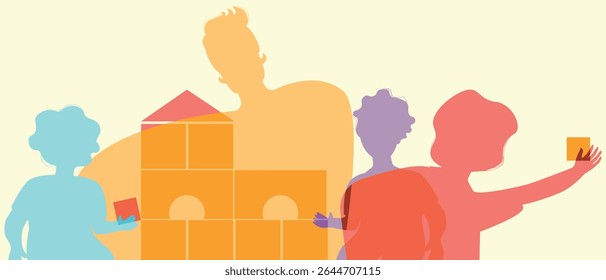 Parent dad and children playing, color silhouette vector illustration as concept happy authentic Family