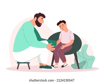 Parent Daddy Support his Child,Boy,Father Comforting Upset Kid.Sad Son,Anxious Emotion.Father and Son Sit,Warm Talks,Speak Share Problems.Parent Character Support Child.People Vector Illustration