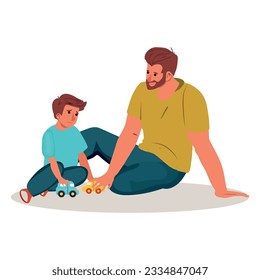 Parent Daddy Support his Child,Boy,Father Comforting Upset Kid.Sad Son,Anxious Emotion.Father and Son Sit,Warm Talks,Speak Share Problems.Parent Character Support Child.People Vector Illustration.