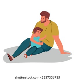 Parent Daddy Support his Child,Boy,Father Comforting Upset Kid.Sad Son,Anxious Emotion.Father and Son Sit,Warm Talks,Speak Share Problems.Parent Character Support Child.People Vector Illustration.