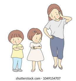 Parent dealing with siblings fighting. Mother handling child conflict. Mommy angry and yelling at her kids. Family, relationship problem, siblings & friends rivalry concept. Cartoon character drawing.